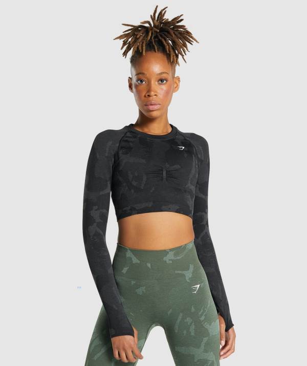 Damske Crop Top Gymshark Adapt Camo Seamless Long Sleeve Čierne | MY6023458